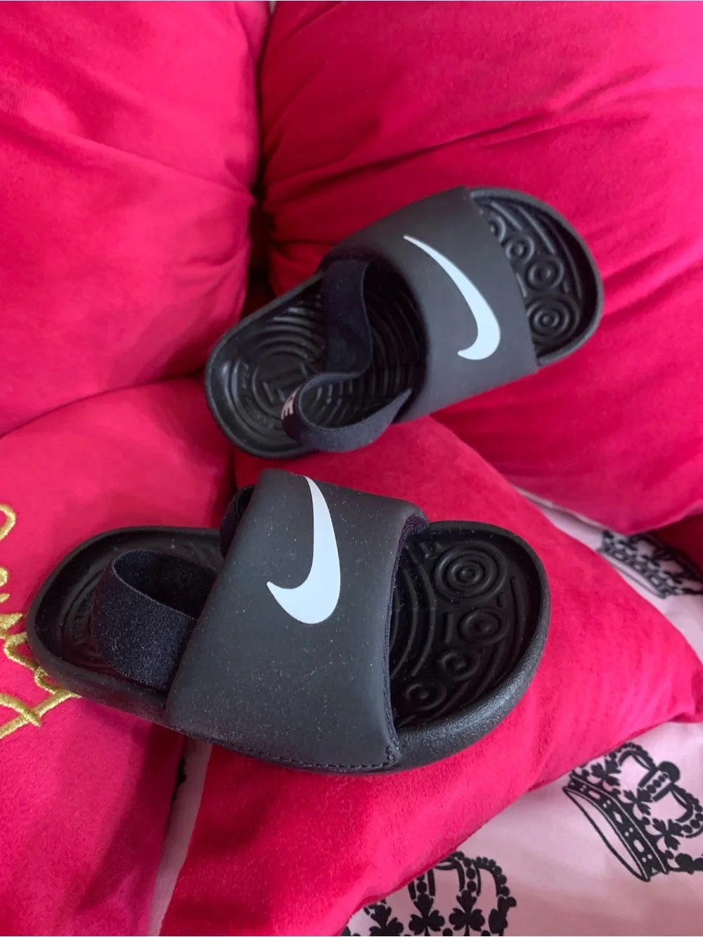 Nike Kids Black Slides with White Swoosh and Heel Strap